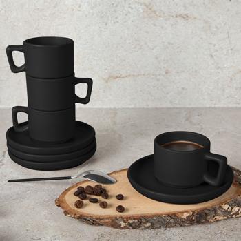 Preview: Design Espressotassen-Set Steingut mattschwarz - 4 Stück mit Untertellern - Spülmaschinen- & mikrowellengeeignet - Stapelbar & robust - Ø 9 x 9.5 cm