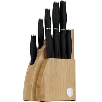 Preview: Elegantes Messerset mit Bambus-Ständer, 10-tlg., mattschwarz: Scharfe Küchenmesser, hochwertig, robust & perfekte Geschenkidee für Kochliebhaber