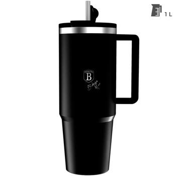 Preview: Trendiger Thermobecher mit Strohhalm, matt-schwarz, 1L: Hält Getränke lange heiss oder kalt, auslaufsicher, Tumbler ideal für unterwegs, Büro & Sport