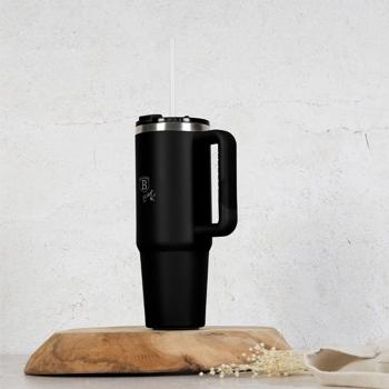 Preview: Trendiger Thermobecher mit Strohhalm, matt-schwarz, 1L: Hält Getränke lange heiss oder kalt, auslaufsicher, Tumbler ideal für unterwegs, Büro & Sport