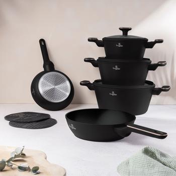 Design cookware set including coasters, aluminum, 10-piece, titanium non-stick coating, black-rose gold