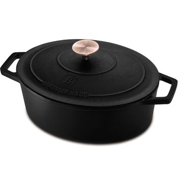 Preview: Hochwertiger Gusseisenbräter mit Deckel, oval, 5,5 Liter, schwarz-roségold - Für perfektes Schmoren & Braten - Robust & langlebig kochen