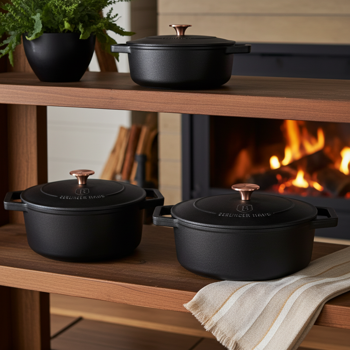 Preview: High-quality cast iron pot set with lid, 3-piece, black-rose gold - For perfect braising & frying - Robust & durable cooking