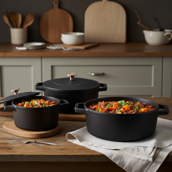 High-quality cast iron pot set with lid, 3-piece, black-rose gold - For perfect braising & frying - Robust & durable cooking