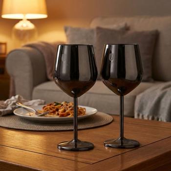 Preview: Set de 2 Verres à Vin en Métal Noir - Incassables & Élégants pour Amateurs de Vin - Acier Inoxydable 18/10, 550 ml, Passe au Lave-Vaisselle