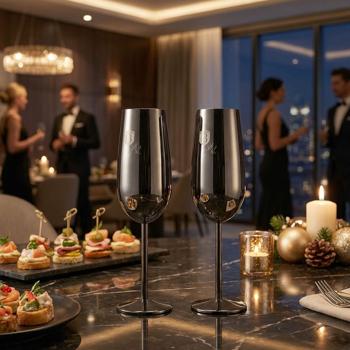 Set Di 2 Bicchieri Da Vino In Metallo Inossidabile 304, Calici Infrangibili Per Esterni, Con Stelo E Base Piatta, Capacità 500 Ml, Colore Argento