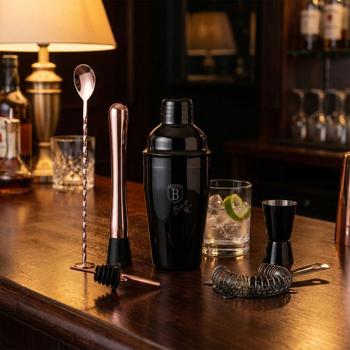 Set Mixeur Cocktail Professionnel 6 Pièces 550ml Noir/Or Rose - Shaker, Verre Doseur, Passoire - Acier Inoxydable Lavable Lave-Vaisselle