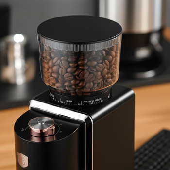 Preview: Professionelle elektrische Kaffeemühle, schwarz-roségold, 230g, 35 Mahlstufen, schnell & aromatisch für perfekten Kaffee, Mahlen auf Profi Niveau