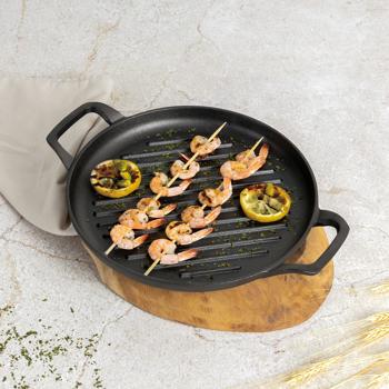 Preview: High-quality round cast iron grill plate (Ø 25 cm) with handles: For authentic grill stripes & flavors, versatile & ideal for meat, vegetables & fish