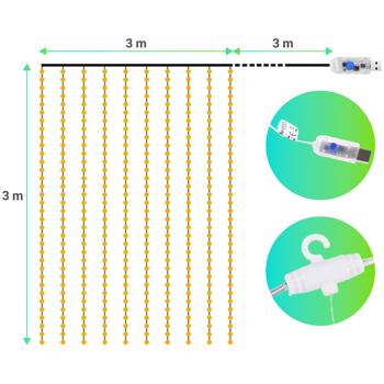 Preview: Eleganter LED-Lichtervorhang mit Fernbedienung, warmweiss, 200 LEDs, 3x3m: Gemütliche Beleuchtung & Romantische Deko für Schlafzimmer & Wohnzimmer