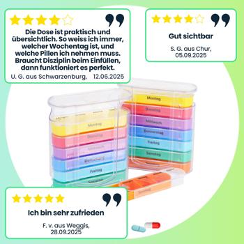 Preview: 4er Set Medikamentenbox 7 Tage: Bunt, 4 Fächer täglich – Ein Wochen-Pillendosierer für einfache, sichere Einnahme & Übersicht