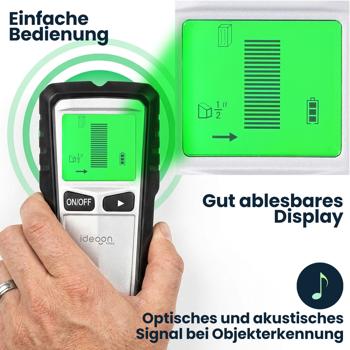 Preview: 5-in-1 Wandscanner & Ortungsgerät – Präzises Suchgerät für Metall, Holz & Stromleitungen, mit beleuchtetem Display & akustischem Warnsignal
