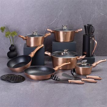 Preview: Esclusivo set da cucina di design, 15 pezzi, utensili da cucina e sottopentola, elegante oro rosa, alluminio di alta qualità e stile