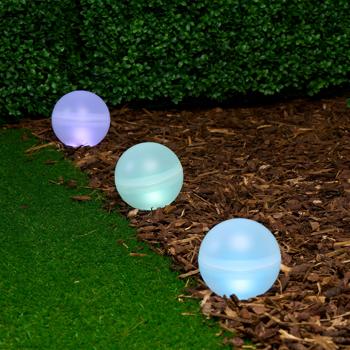 Preview: Decorative 5 solar light globes with ground spike: warm white & RGB - LED garden lamps, ideal for patios, lawns & flower beds