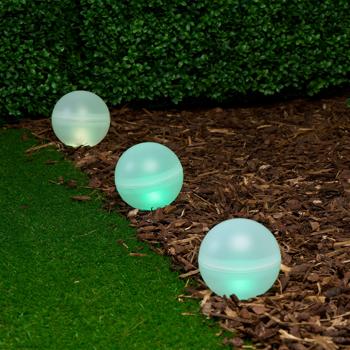 Preview: Decorative 5 solar light globes with ground spike: warm white & RGB - LED garden lamps, ideal for patios, lawns & flower beds