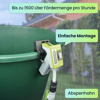 Preview: Mobile Akku-Tauchpumpe für Regentonnen: Bequeme Gartenbewässerung ohne Stromanschluss, kraftvoll, leicht & vielseitig einsetzbar, für jeden Garten