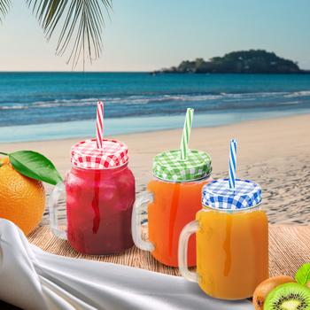 Preview: Retro-Trinkgläser mit buntem Deckel, Henkel und Trinkhalm: Ein 12er-Set für Limonade, Eistee, Cocktails & Smoothies – Vintage-Style