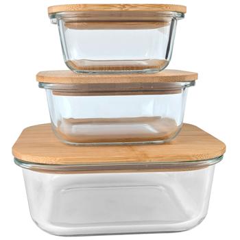 Preview: set of 2 high-quality storage jars with lid, square, glass/bamboo, 3 sizes: Storage jars for aroma protection & stylish organization