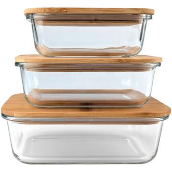Preview: 6 boîtes de conservation avec couvercle en verre et bambou, rectangulaires – récipients avec joint hermétique, 3 tailles