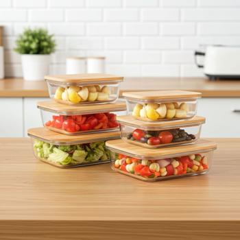 set di 2 barattoli di alta qualità con coperchio, rettangolari, vetro/bambù, 3 misure: Barattoli per la conservazione dei sapori e per un‘organizzazione elegante