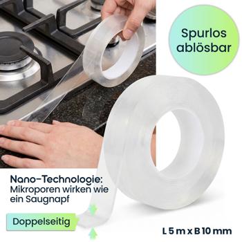Preview: 2er-Set Doppelseitiges Nano-Klebeband Transparent (5m x 10mm): Starke 110g/cm² Haltekraft, Wiederverwendbar, spurlos ablösbar