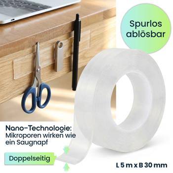 Preview: 2er-Set Doppelseitiges Nano-Klebeband Transparent (5m x 30mm): Starke 110g/cm² Haltekraft, Wiederverwendbar, spurlos ablösbar