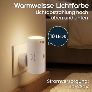 Preview: 2er-Set Steckdosen-Nachtlicht dimmbar mit PIR- & Dämmerungssensor – Intelligente Steckdosenlampe mit Bewegungsmelder, 10 LEDs für Flur & Schlafzimmer