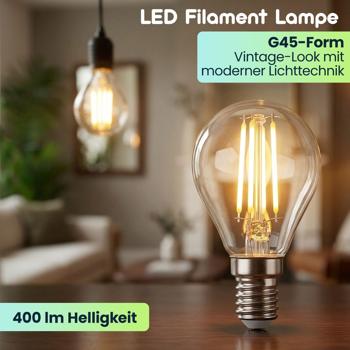 Preview: 6er-Set LED Filament Lampe G45 E14 4W 400lm Warmweiss 2500K Vintage Glühbirne Retro Glühlampe Dimmbar Warmes Licht Kugelform Edison Tropfenlampe