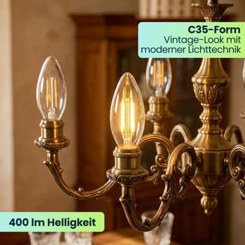 Preview: 9er-Set LED Filament Kerzenlampe C35 E14 4W 400lm Warmweiss 2500K Vintage Glühbirne Retro Glühlampe Warmes Licht Windlicht Kerzenform