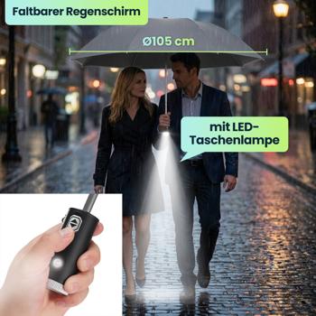 Preview: 2er-Set Faltbarer Regenschirm mit LED-Taschenlampe, Ø105 cm, anthrazit: Ein perfekter Allwetter-Begleiter für Dunkelheit & Regenschauer