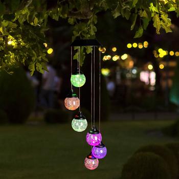 Preview: Carillon LED multicolore solaire - Décoration jardin balcon terrasse fenêtre - 6 boules verre craquelé - IP44 - Auto on/off - 12.5x60cm