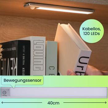 Preview: 4er-Set Flache Akku LED-Lichtleiste, 40cm mit Bewegungssensor, 120 LEDs: Kabellos, hell & energiesparend – Perfekt für Schrank, Flur & Küche