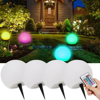 set of 4 solar LED light ball, Ø 30cm, RGBW with remote control, 60 Lu, IP67. Color changing light globe for garden & terrace, weatherproof & wireless