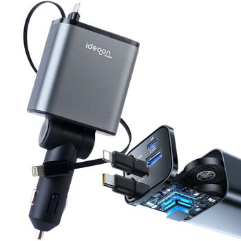 Caricatore auto 4in1 da 69 W - Caricatore per veicoli con cavo USB-C e Lightning avvolgibile, PD 3.0 e 2 porte