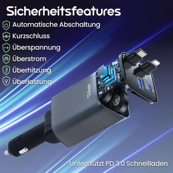 Preview: 4in1 KFZ-Ladegerät 69W - PD 3.0 Schnellladen - Aufrollbares USB-C & Lightning Kabel 80cm - 2 Zusatz-Ports - 12V-24V Aluminium-Gehäuse