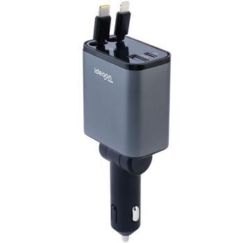Preview: Caricatore auto 4in1 da 69 W - Caricatore per veicoli con cavo USB-C e Lightning avvolgibile, PD 3.0 e 2 porte