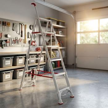 Preview: Robust 6-step telescopic double step ladder: a stable folding stepladder for professionals & DIYers, household ladder with up to 6 steps