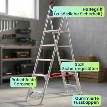 Preview: Robuste 6-stufige Teleskop-Doppeltrittleiter: Eine stabile Stehleiter klappbar für Profis & Heimwerker, Haushaltsleiter bis 6 Stufen