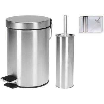 Preview: Set Salle de Bain Inoxydable - Brosse Toilette & Poubelle Pédale 3L - Hygiène Stylée, Design Moderne, Argent - Ø17xH25cm