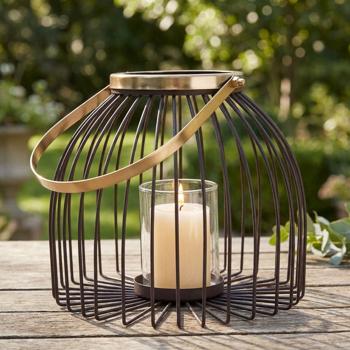 Preview: Metall Windlicht mit Glaseinsatz - Stimmungsvolles Ambiente für Innen & Aussen - Robustes Design braun-gold, 22x19.5cm, inkl. Henkel - Ideal für Kerzen