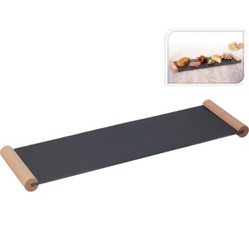Preview: Vassoio rustico in ardesia con manici in legno: 50x15x3 cm - Un versatile supporto per aperitivi, formaggi, tapas e sushi 