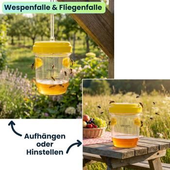 Preview: Wespenfalle & Fliegenfalle 2er-Set zum Aufhängen oder Hinstellen, Giftfreie Insektenfalle Gelb, Wiederbefüllbar & Effektiv für Garten und Balkon