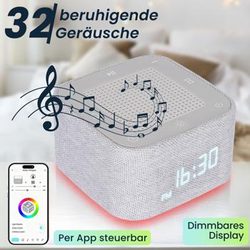 Preview: White Noise Wecker mit 32 Geräuschen – Bluetooth Lautsprecher & App-Steuerung, RGB Nachtlicht dimmbar, perfekter Schlaf/Entspannung Preview: White Noise Wecker mit 32 Geräuschen – Bluetooth Lautsprecher & App-Steuerung, RGB Nachtlicht dimmbar, perfekter Schlaf/Entspannung