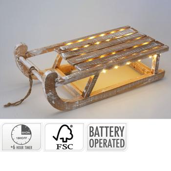 Preview: Luge lumineuse décorative en bois rustique - 50 LED blanc chaud, fonction minuterie 6h - Décoration Noël, hiver, table - 24x16x50 cm