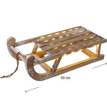 Preview: Luge lumineuse décorative en bois rustique - 50 LED blanc chaud, fonction minuterie 6h - Décoration Noël, hiver, table - 24x16x50 cm