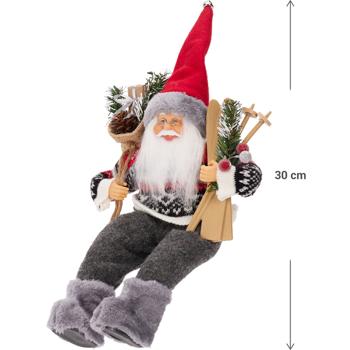 Preview: Weihnachtsmann sitzend mit Tasche & Skiern, grau/rot - Weihnachtsdeko für Fensterbank, Kamin & Adventszeit - ein Blickfang für Ihr festliches Zuhause