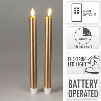 Preview: Lot de 2 bougies LED - Ambiance romantique & déco festive/Noël - 25cm dorées - Sans flamme - Télécommande & minuterie 6h/18h - Fonctionne sur piles