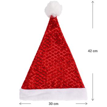 Preview: Bonnet de Noël scintillant paillettes rouges - Accessoire festif polyvalent pour fêtes, carnaval - Taille unique adultes/ados - Polyester 42x30 cm