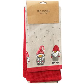 Cotton dish towel 2-piece set, 45x70 cm, waffle pique & gnome design - High quality, absorbent, lint-free - Great Xmas decor & gift idea