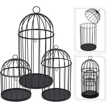 Preview: Ensemble 3 Cages Décoratives Métal Noir Style Vintage - Suspendre & Poser - Maison, Jardin, Balcon - H41.5/29/19cm